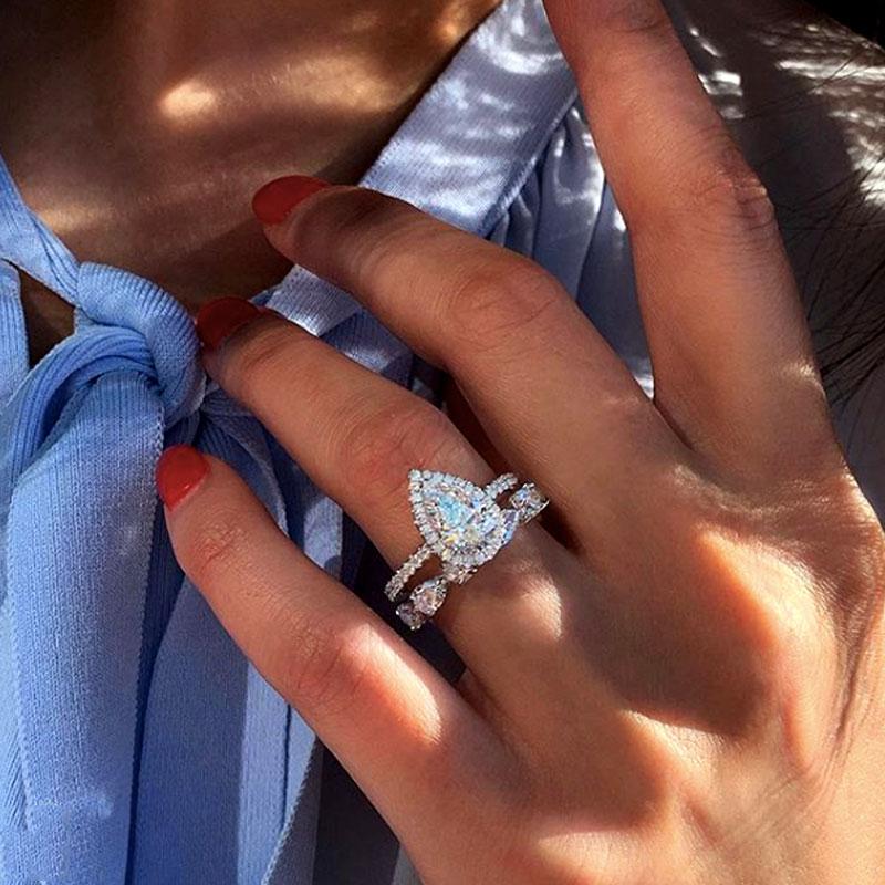 3.0ct Pear Cut White Sapphire Bridal Set - Sterling Silver & White Gold