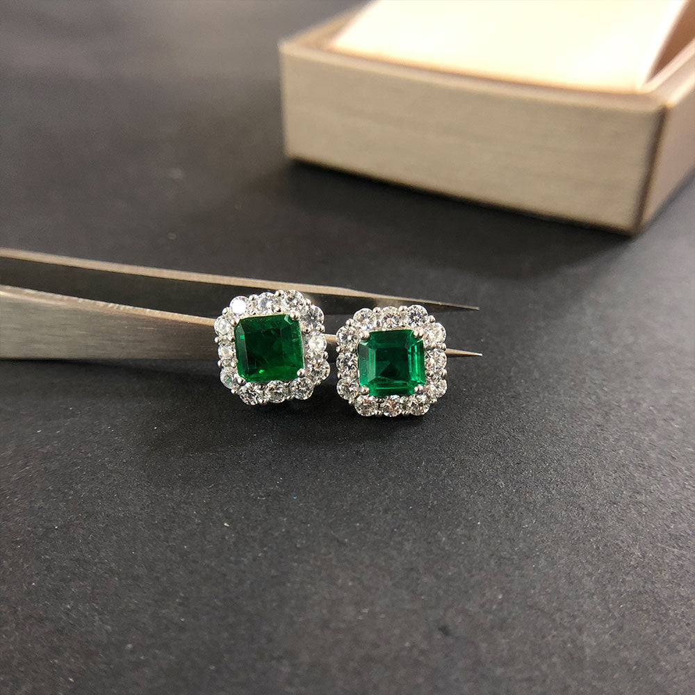 Princess Cut Emerald Green Earrings with Simulated Diamonds