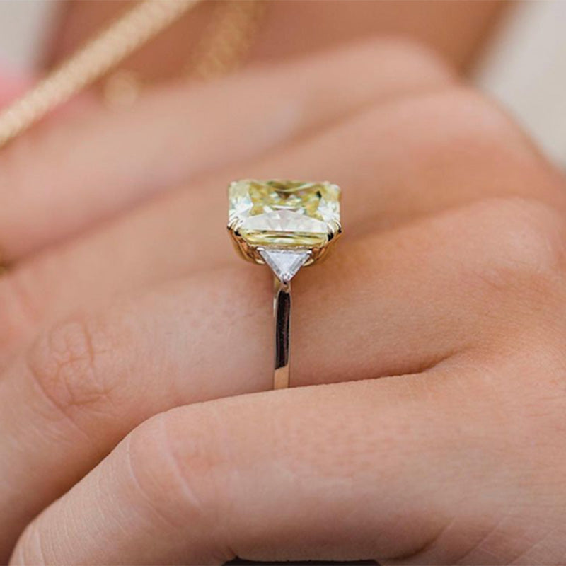 4.0Ct Radiant Cut Yellow Diamond Ring with Triangle Accents