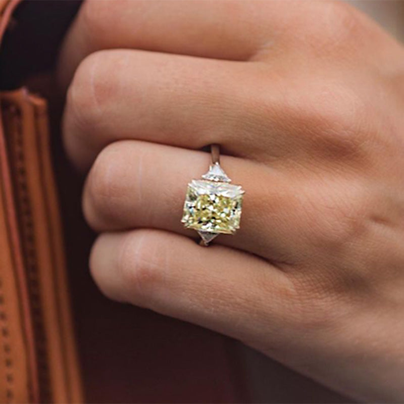 4.0Ct Radiant Cut Yellow Diamond Ring with Triangle Accents