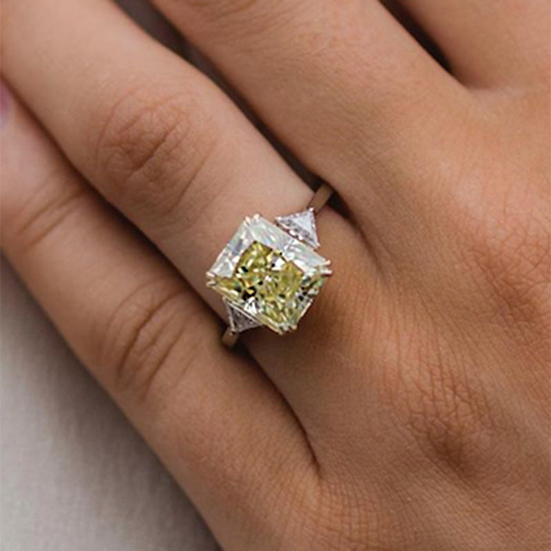 4.0Ct Radiant Cut Yellow Diamond Ring with Triangle Accents