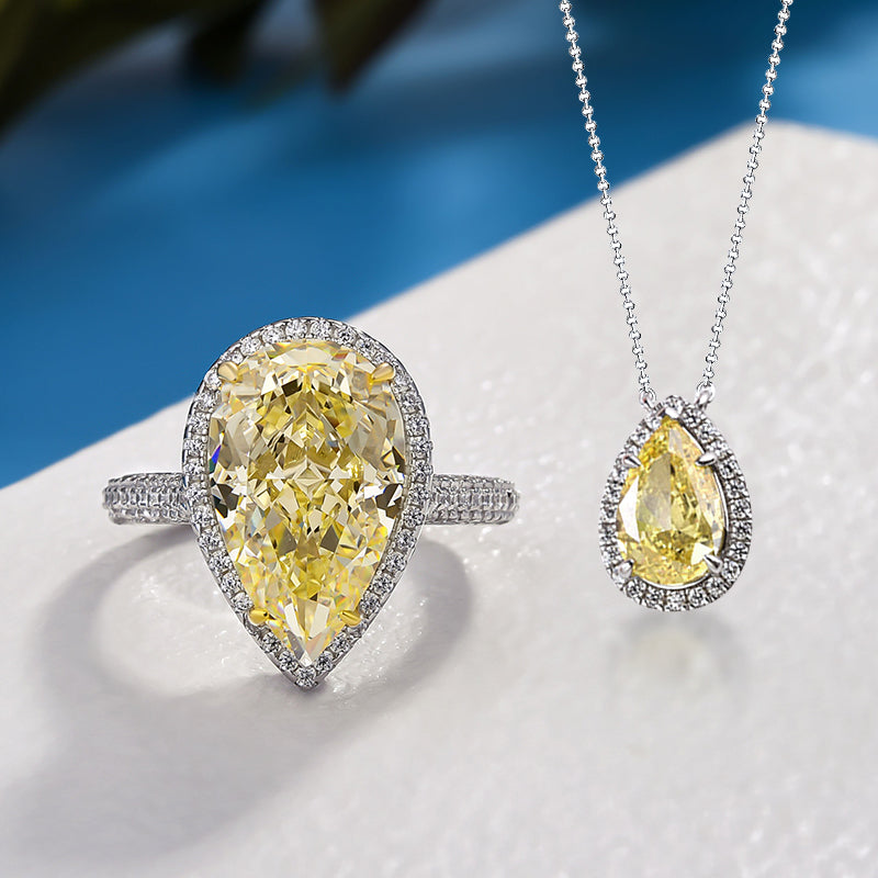 Elegant 925 Sterling Silver Jewelry Set with Pear-Cut Yellow Sapphire & Simulated Diamonds