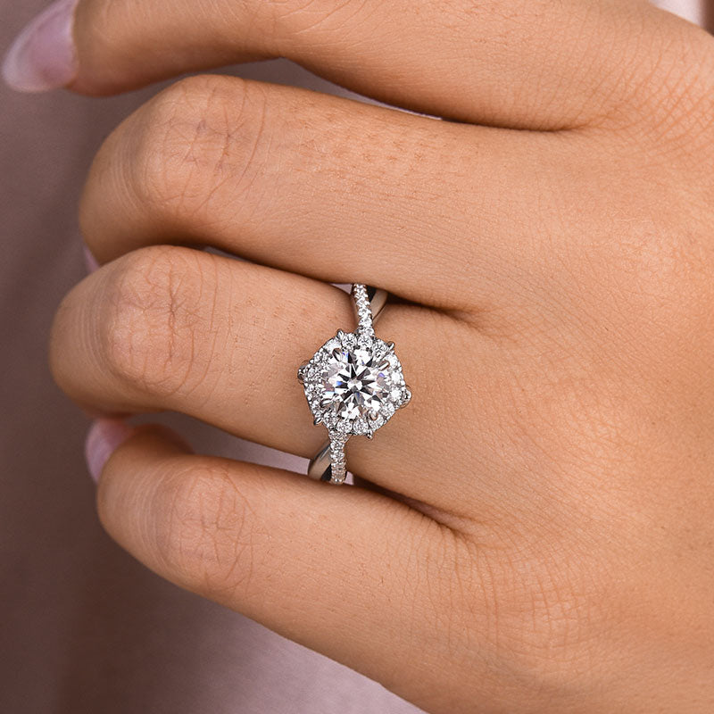 1Ct Halo Moissanite Ring - 18K White Gold