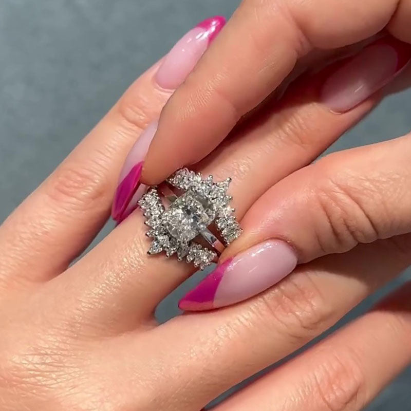4.0ct Cushion Cut Diamond Ring Set - White Gold Plated