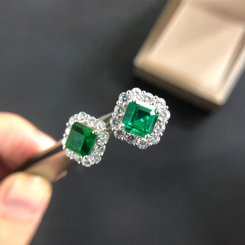 Princess Cut Emerald Green Earrings with Simulated Diamonds