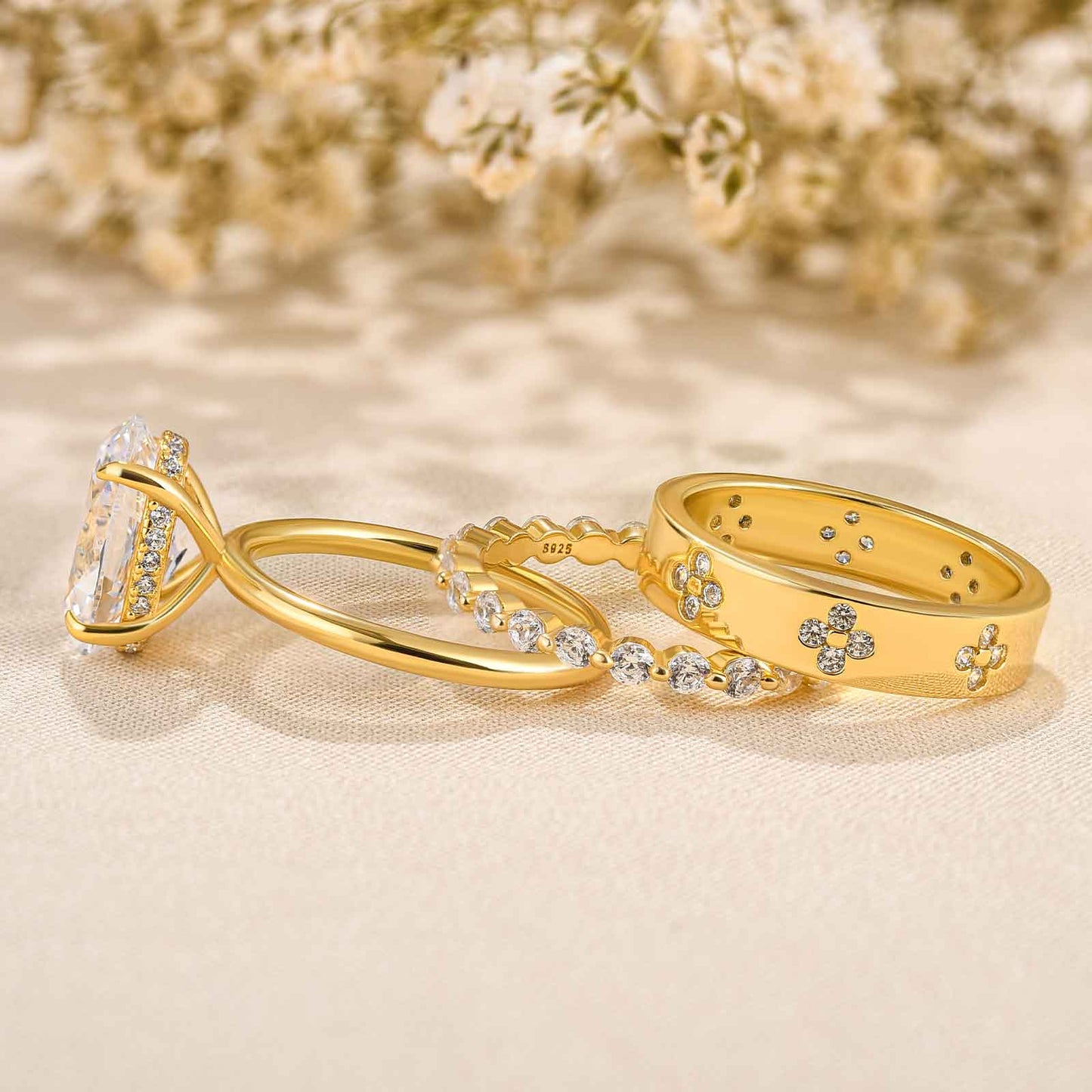3.5Ct Oval Simulated Diamond Wedding Set, Yellow Gold Plated Sterling Silver
