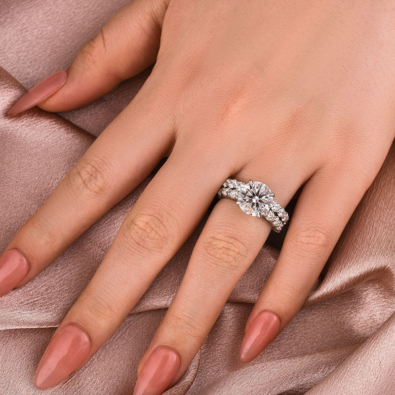 4.0Ct Round Moissanite Bridal Set - 18K White Gold Plated 925 Silver