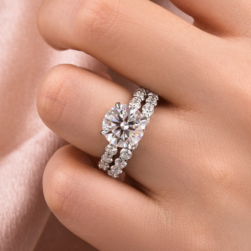 4.0Ct Round Moissanite Bridal Set - 18K White Gold Plated 925 Silver