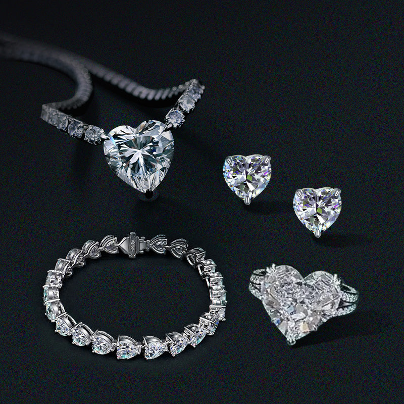 Romantic 925 Sterling Silver Jewelry Set with Heart-Cut Simulated Diamonds