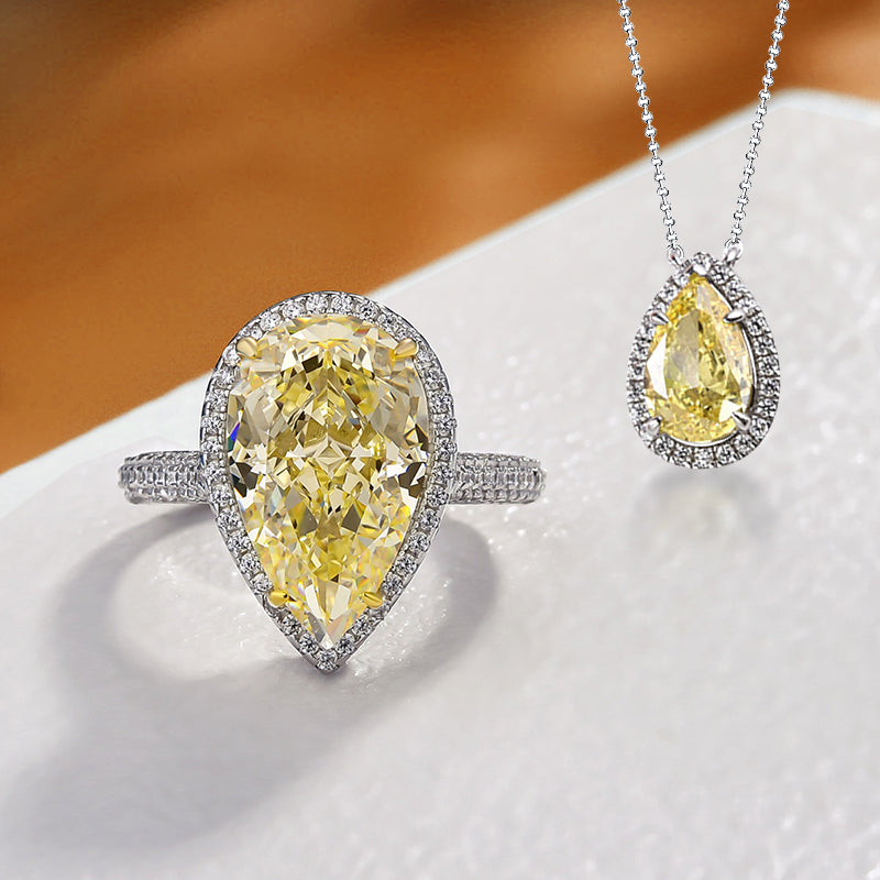 Elegant 925 Sterling Silver Jewelry Set with Pear-Cut Yellow Sapphire & Simulated Diamonds