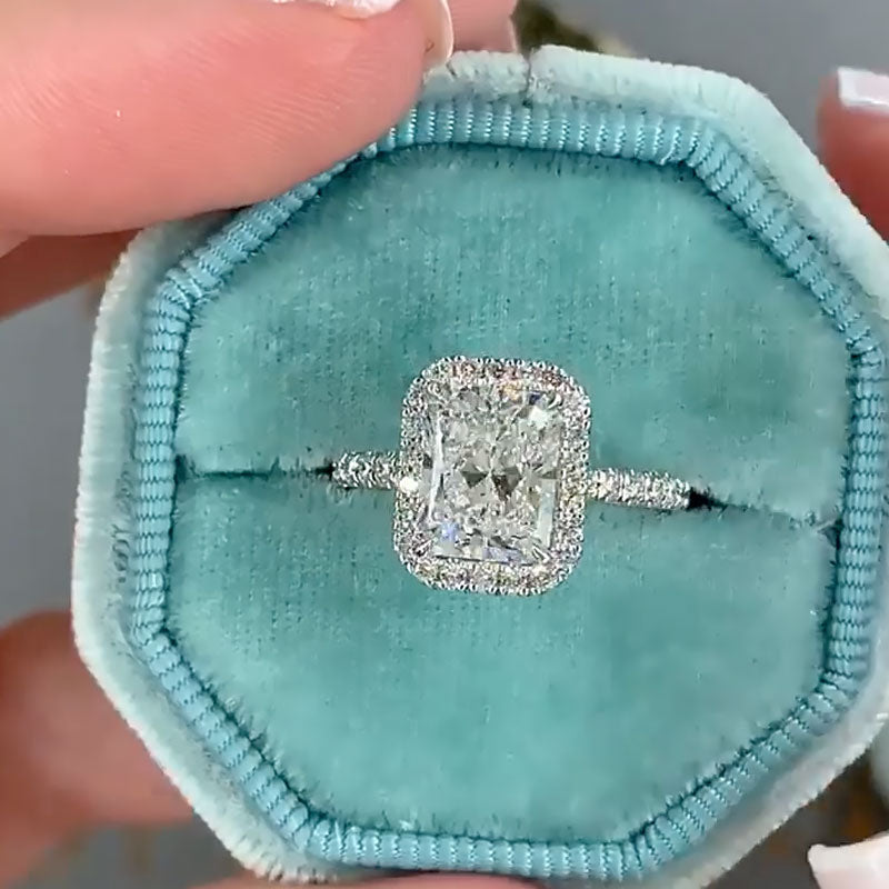 Radiant Cut Halo Engagement Ring Sterling Silver 3 Carat