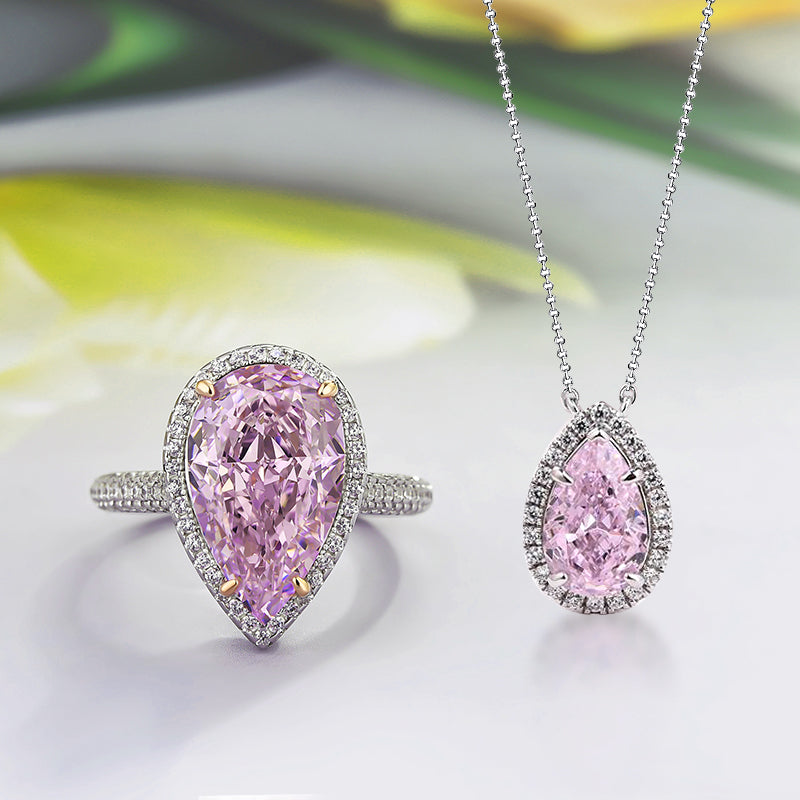 Stunning 925 Sterling Silver Jewelry Set with Pear-Cut Pink Sapphire & Simulated Diamonds