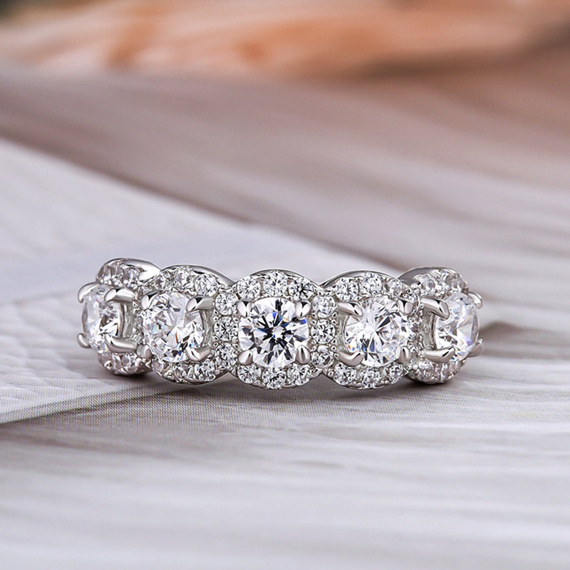 1.8ct Halo 5-Stone Anniversary Ring in Sterling Silver & Tri-Gold