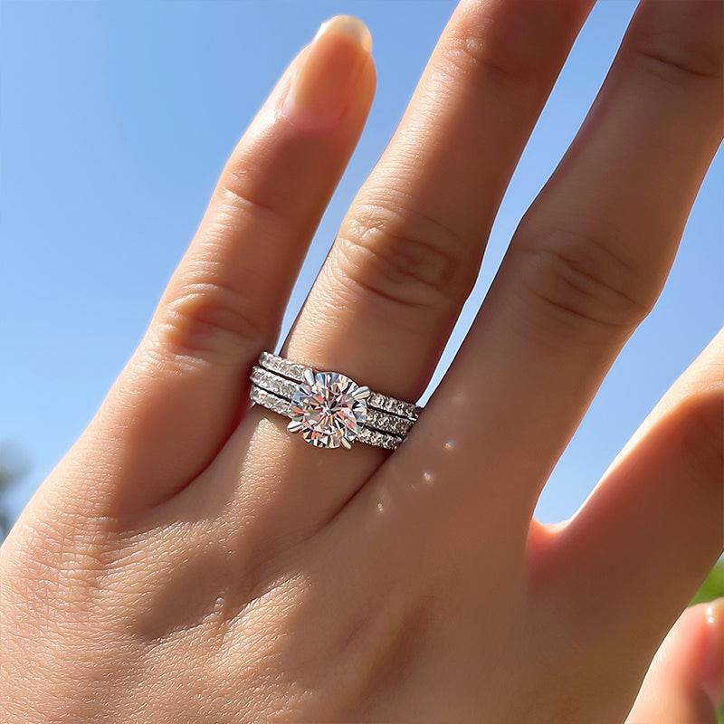 2.0Ct Moissanite Round Cut 3PC Wedding Ring Set - Rhodium Plated Sterling Silver