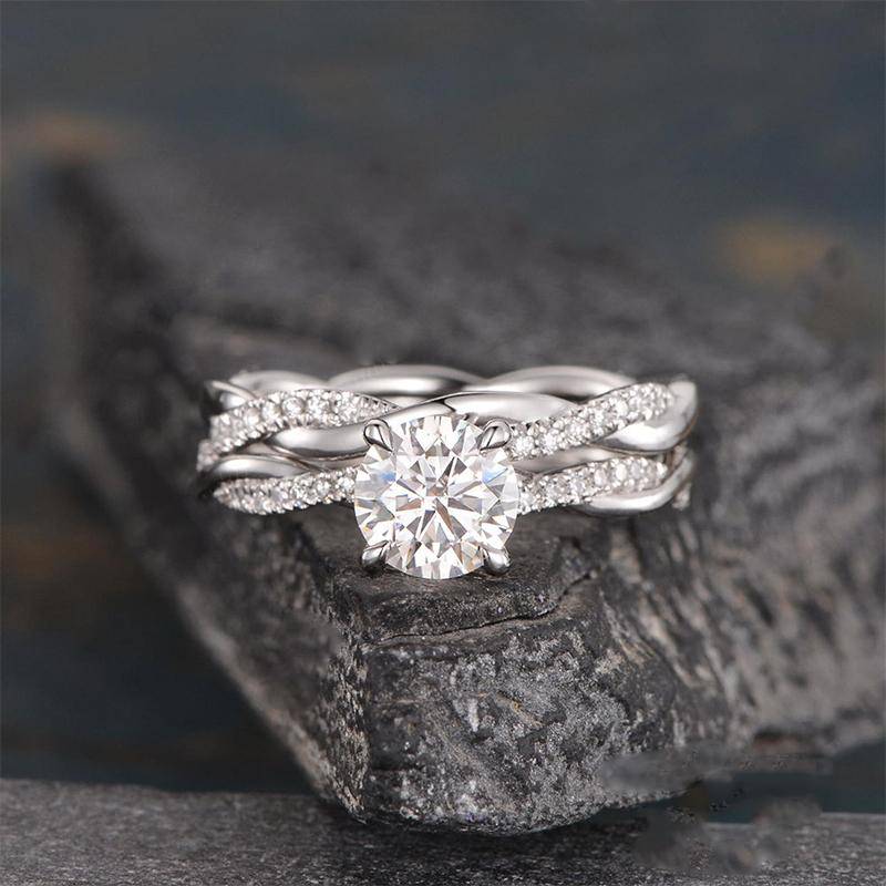 2.0Ct Round Moissanite Wedding Ring Set – 925 Silver White/Yellow/Rose Gold