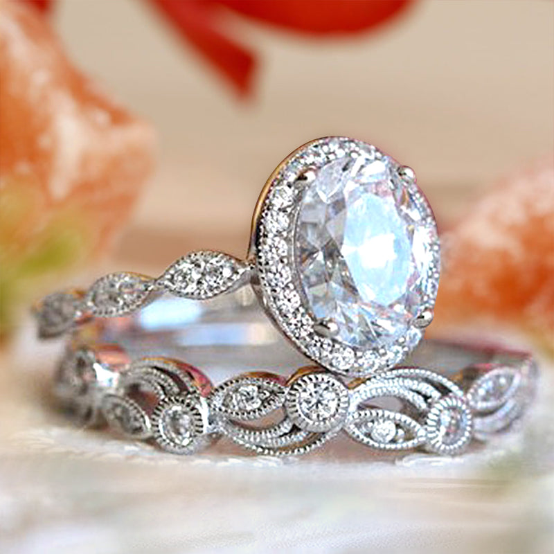 2.0ct Oval Cut Diamond Halo Ring Set - White Gold