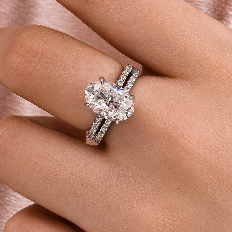 4Ct Oval Moissanite Ring Set - Platinum Plated Two-Tone