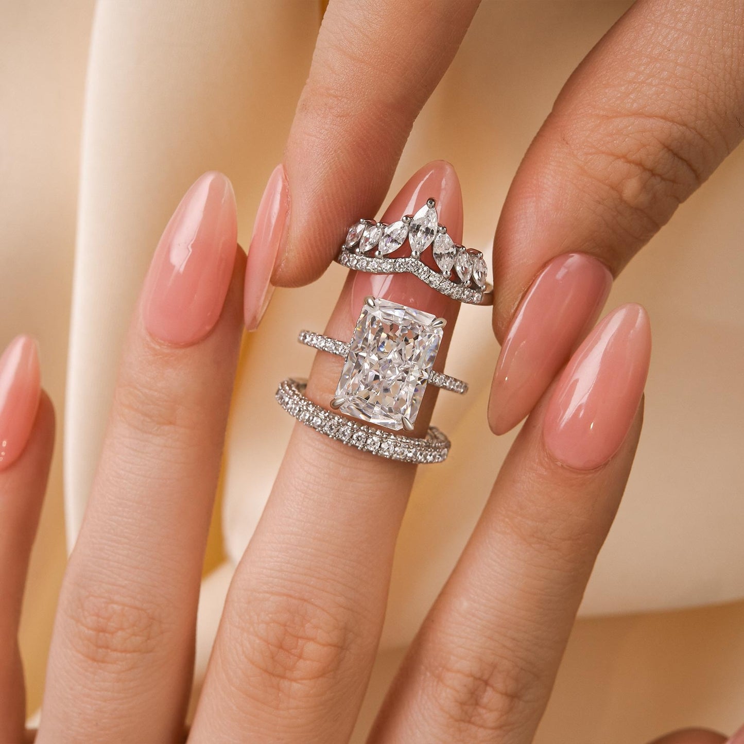 925 Sterling Silver 18K White Gold Plated 5 Carat Radiant Cut Diamond Ring Set