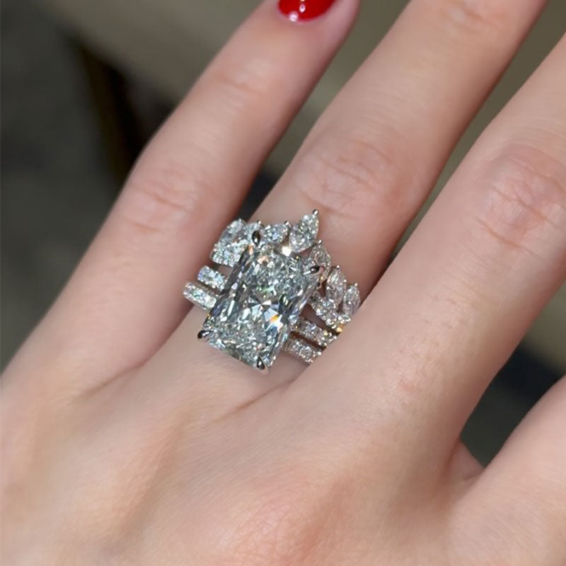 925 Sterling Silver 18K White Gold Plated 5 Carat Radiant Cut Diamond Ring Set