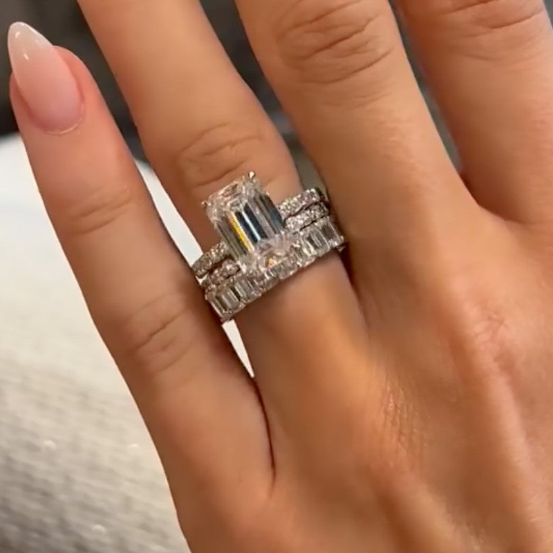 10Ct Emerald Cut Diamond 3PC Set - 18K White Gold Plated