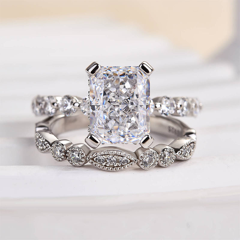 3.0Ct Radiant Cut Diamond Ring Set - 925 Silver White Gold Plated