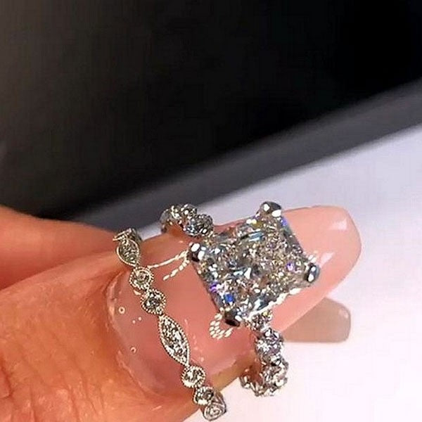 3.0Ct Radiant Cut Diamond Ring Set - 925 Silver White Gold Plated