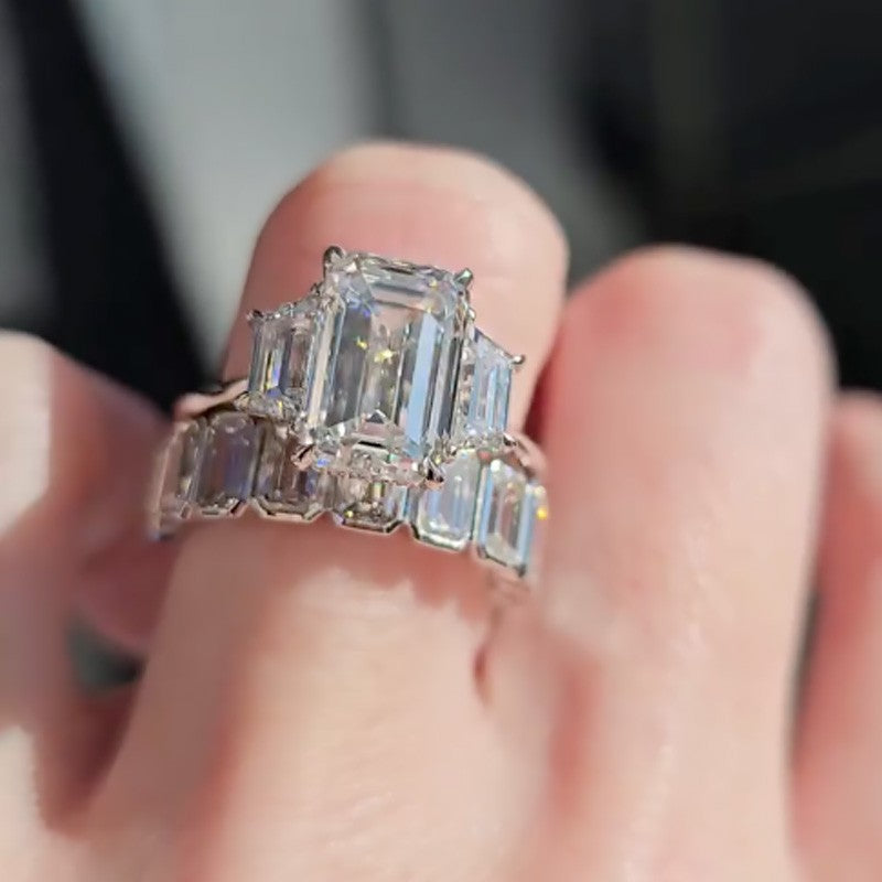 4.5Ct Emerald Cut Three Stone Diamond Ring Set