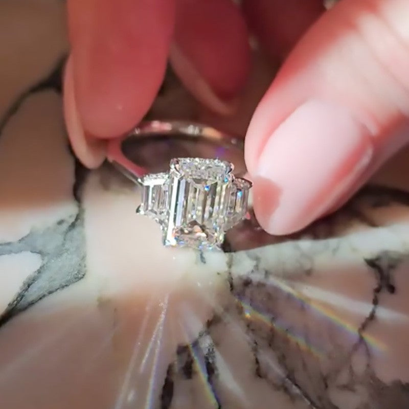 4.5Ct Emerald Cut Three Stone Diamond Ring Set