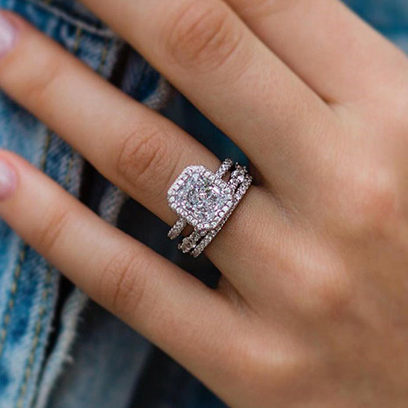 3.0Ct Radiant Halo Wedding Set - 925 Silver White Gold