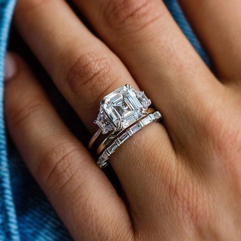 5.0ct Asscher Cut Simulated Diamond 3PC Ring Set – Sterling Silver