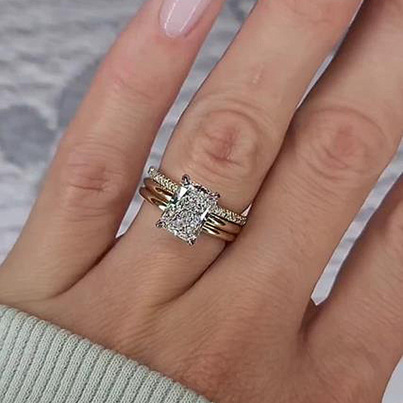 4.5Ct Radiant Cut Simulated Diamond Ring Set - 925 Silver Gold Plated