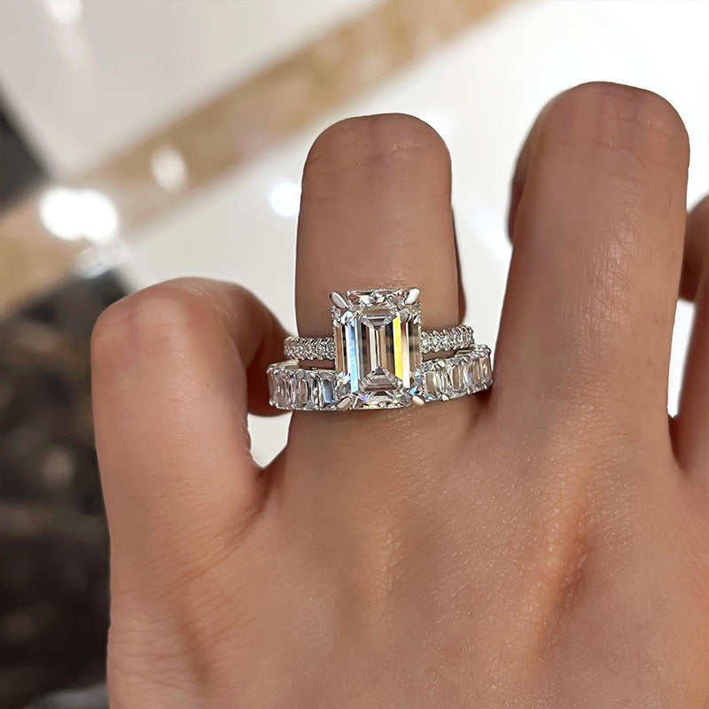 4.5Ct Emerald Cut Diamond & Radiant Band Wedding Set