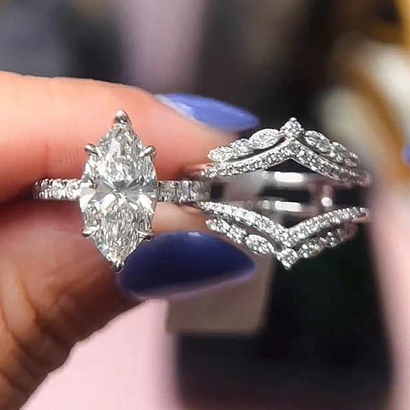 3.5ct Marquise Cut Diamond Ring Set - Dual Gold Plated