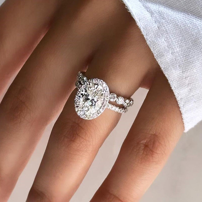 4.0Ct Oval Halo Wedding Ring Set - 925 Silver White Gold Plated