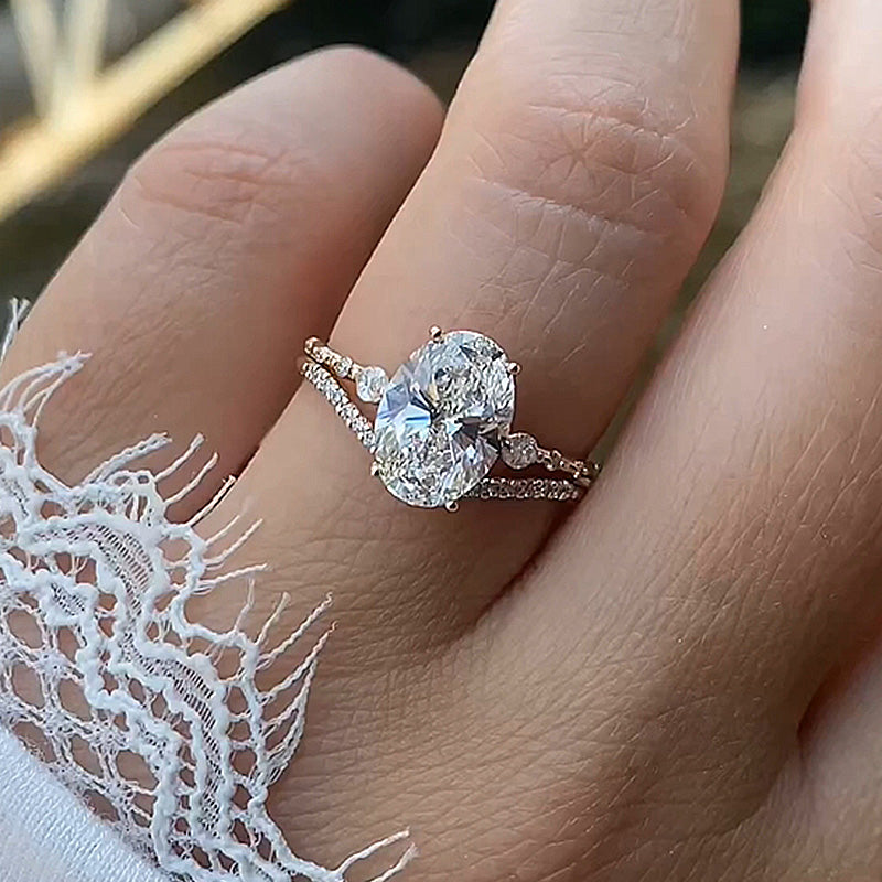4.0Ct Oval Cut Diamond Ring Set - 925 Silver Yellow Gold Plated