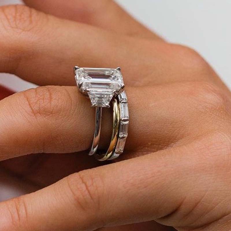 Elegant Emerald Cut Three Stone Wedding Set