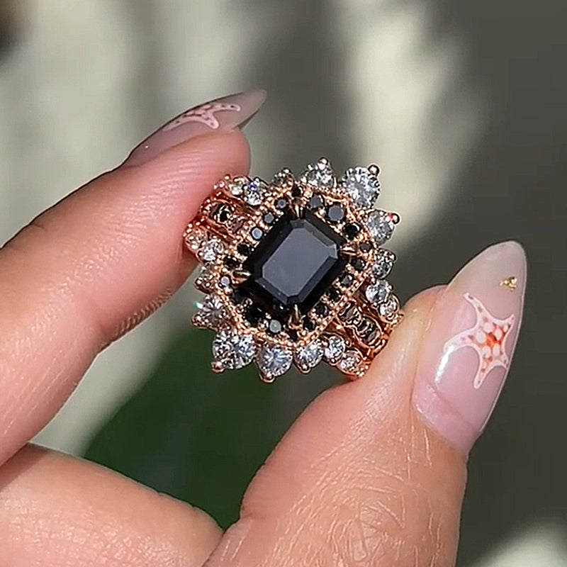 2.0Ct Black Radiant Cut 3-Piece Wedding Set in Rose Gold