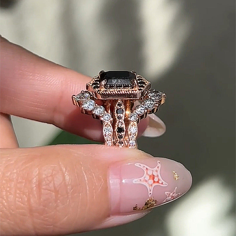 2.0Ct Black Radiant Cut 3-Piece Wedding Set in Rose Gold