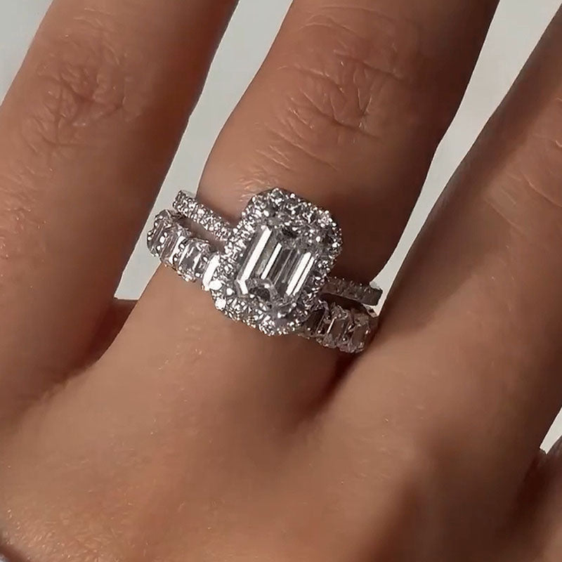 2.5ct Emerald Cut Diamond Ring Set - Platinum Plated