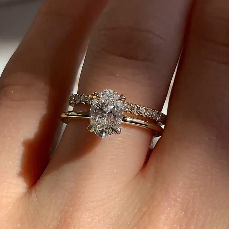 2.0Ct Oval Simulated Diamond Ring Set - 925 Silver Gold Plated