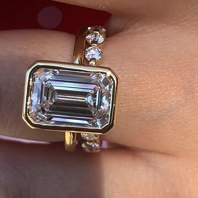 5.0ct Emerald Cut Diamond Ring Set - Bezel Setting