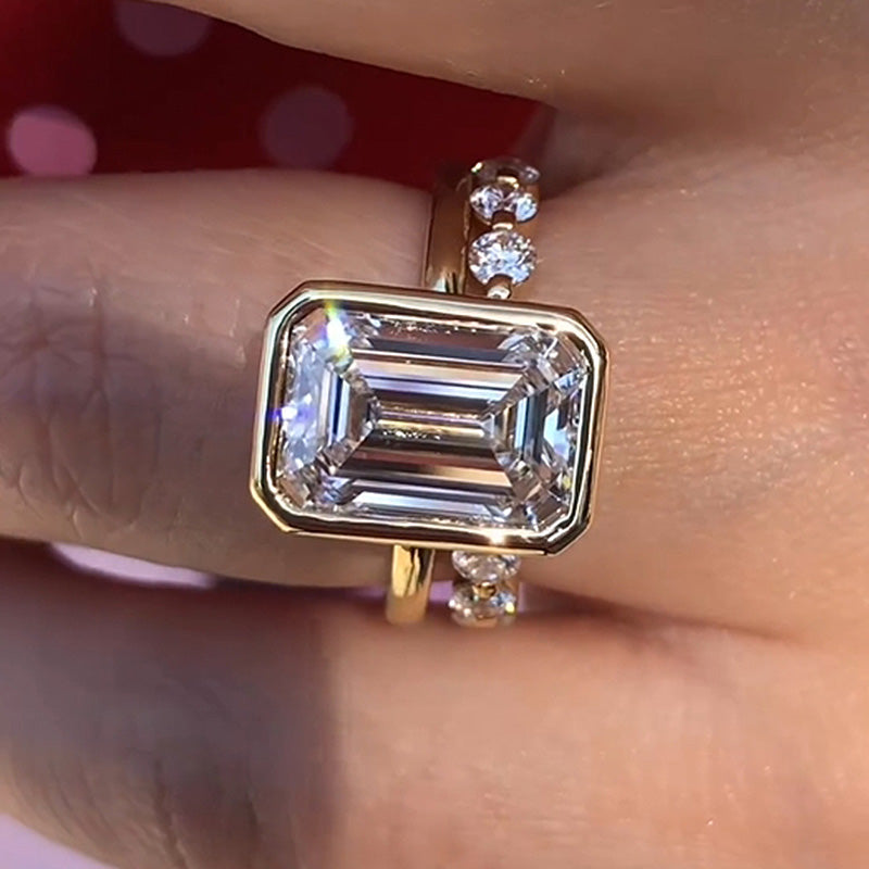 5.0ct Emerald Cut Diamond Ring Set - Bezel Setting