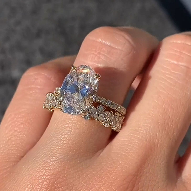 4.0Ct Oval & Marquise Diamond Ring - 925 Silver Yellow Gold Plated