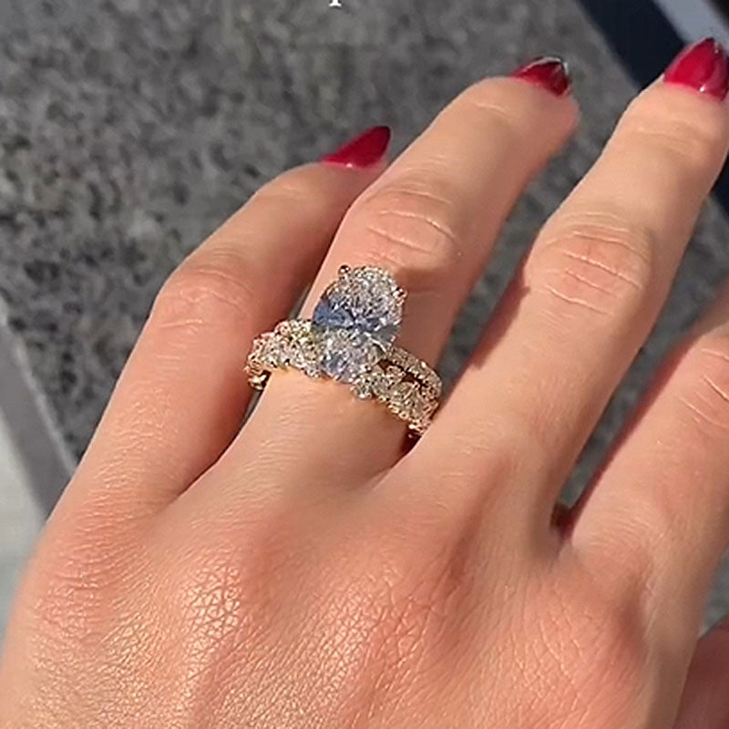 4.0Ct Oval & Marquise Diamond Ring - 925 Silver Yellow Gold Plated