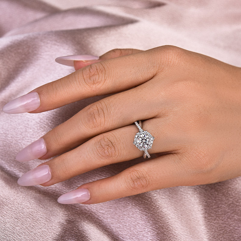 1Ct Halo Moissanite Ring - 18K White Gold