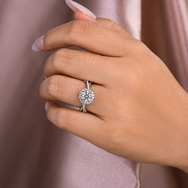 1Ct Halo Moissanite Ring - 18K White Gold