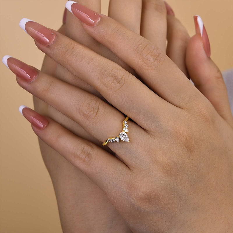 Aurogem 925 Silver Gold Plated Pear & Round Cut Diamond Band