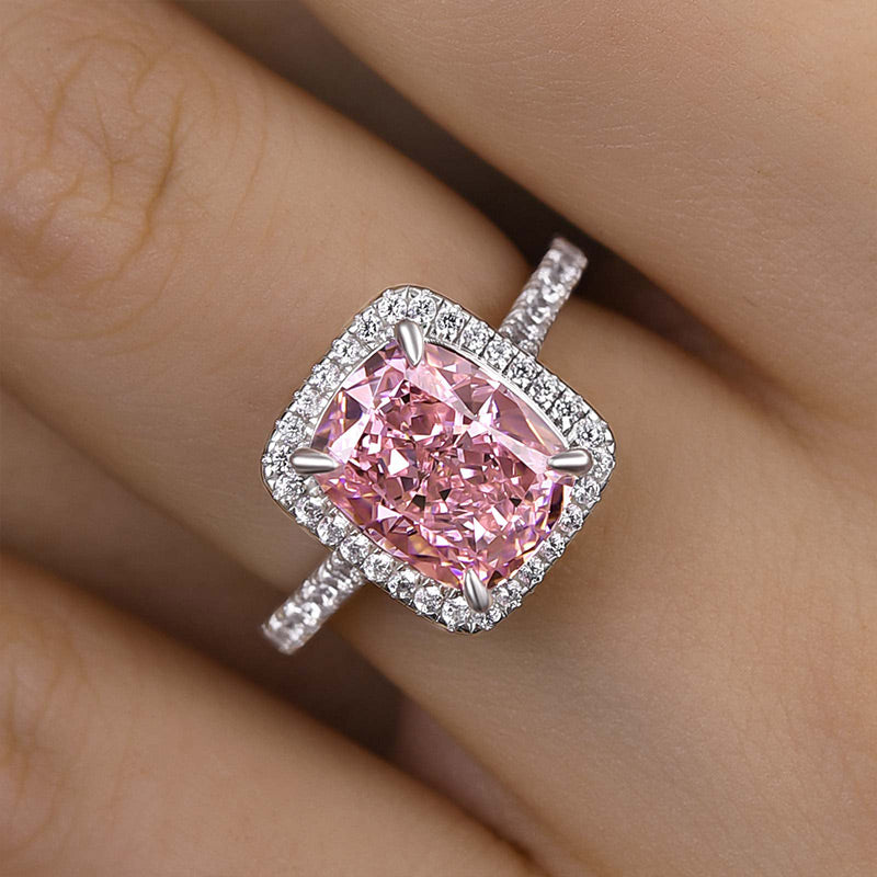4.0Ct Cushion Cut Pink Sapphire Halo Ring