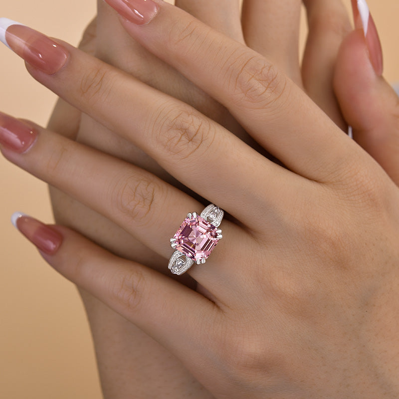 6.0Ct Asscher Cut Morganite & Diamond Halo Ring