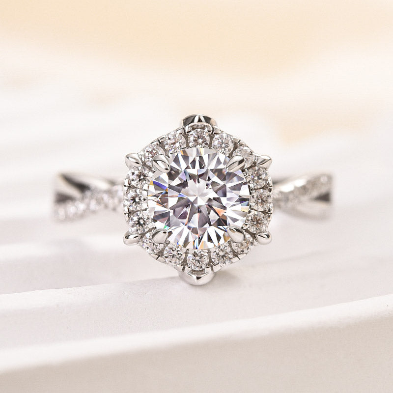 1Ct Halo Moissanite Ring - 18K White Gold